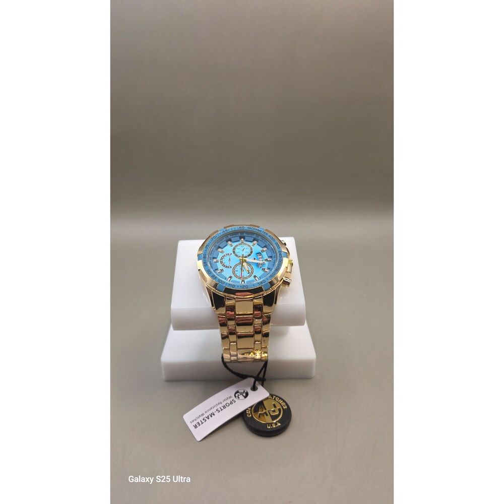 AJ Fashions Sportmaster 45mm Gold Blue Dial Men's Quartz Watch New